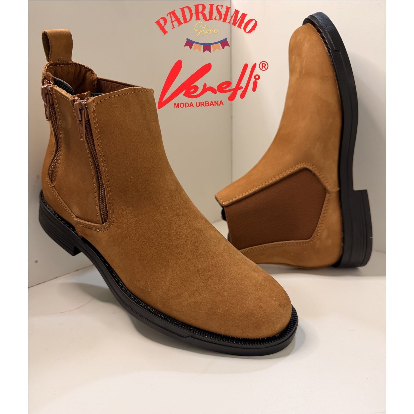 Botin de Piel Casual con Cierre termino gamuza VERETLI Chelsea Avellana 715